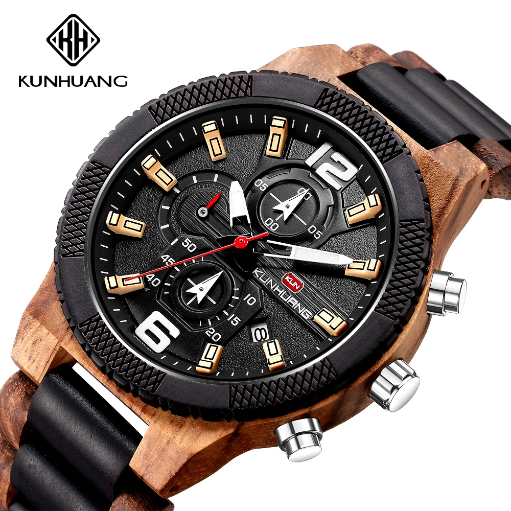 

KUNHUANG 1019 Mens Watches Top Brand Luxury Wooden Sports Watch Fashion Chronograph Quartz Man Clock Waterproof Relogio, 3 colors