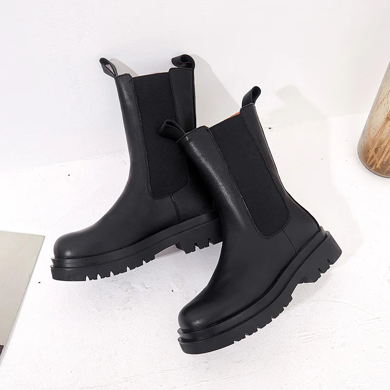 

2021 New Cow Genuine Leather Boots Women Fashion Black Chelsea Platform Boot, Customized color