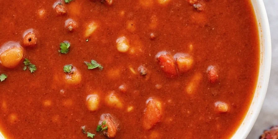 A steaming bowl of pozole rojo with toppings.