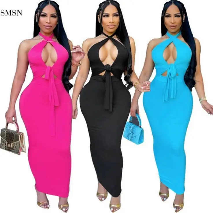 

High Quality 2021 Solid Color Sleeveless Sexy Halter Bodycon Women Dress Ladies Elegant Evening Party Dress