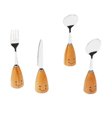 

Smiley face wooden handle tableware set children stainless steel tableware