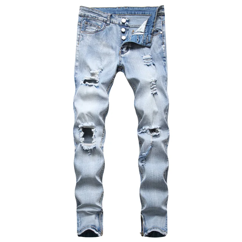 

New Men's Ripped Light Color Washed Individuality Fashion Pants Zipper Skinny Fit Jeans, Customized color