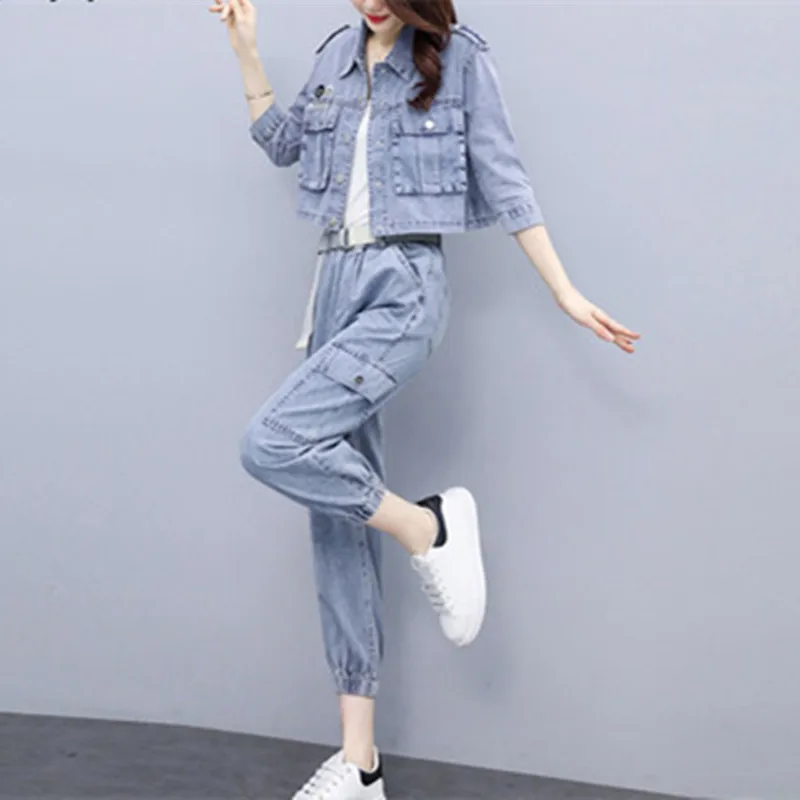 

2021 hot wholesales Summer thin handsome Fried Street denim suit female fashion small bunched leg pants 1 sets, Blue or custom