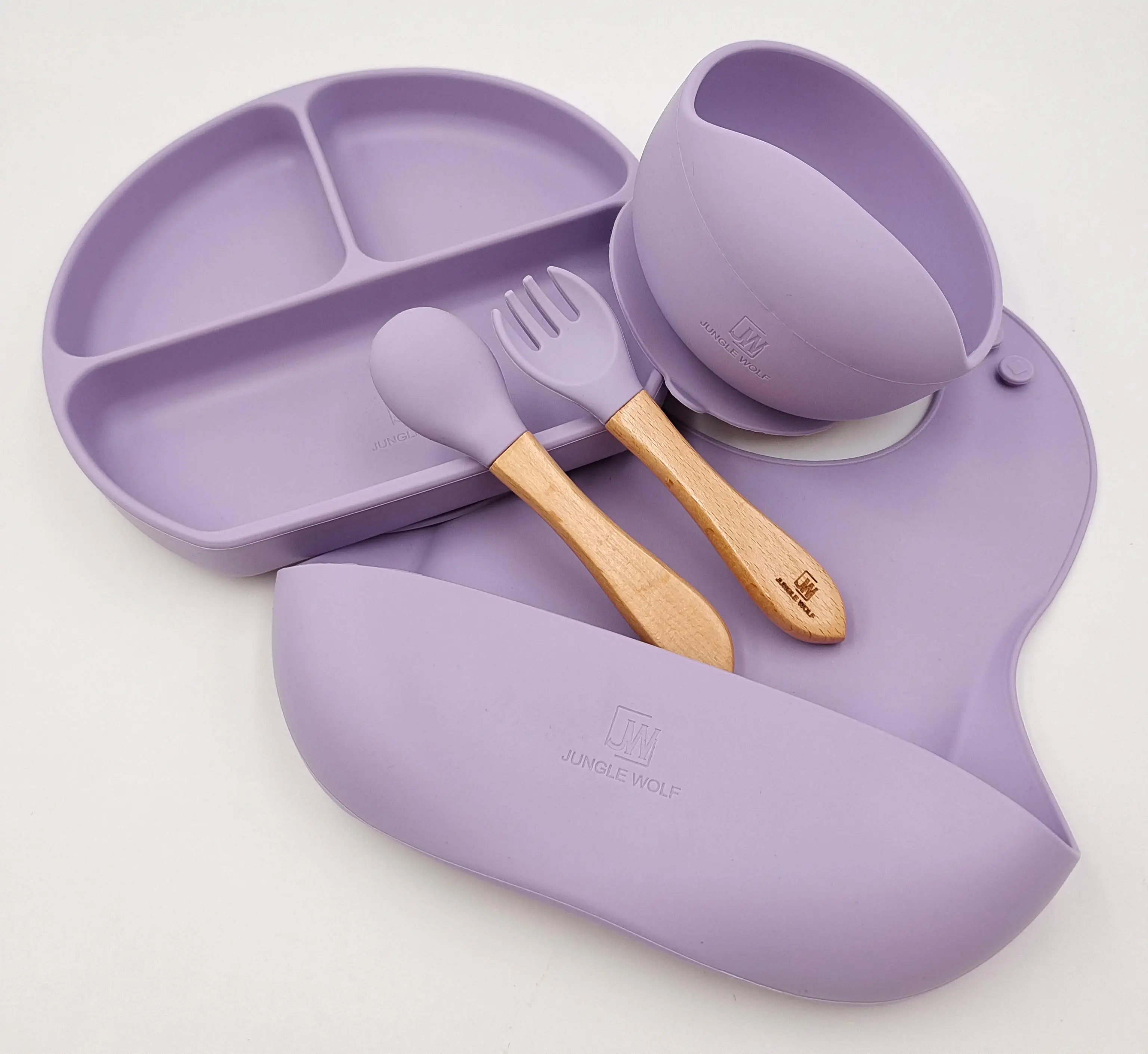 

Food Grade BPA Free Non-toxic Solid Color Tableware Spoon Fork Divided Plate Bibs Baby Feeding Silicone Set for Kids, Various solid color