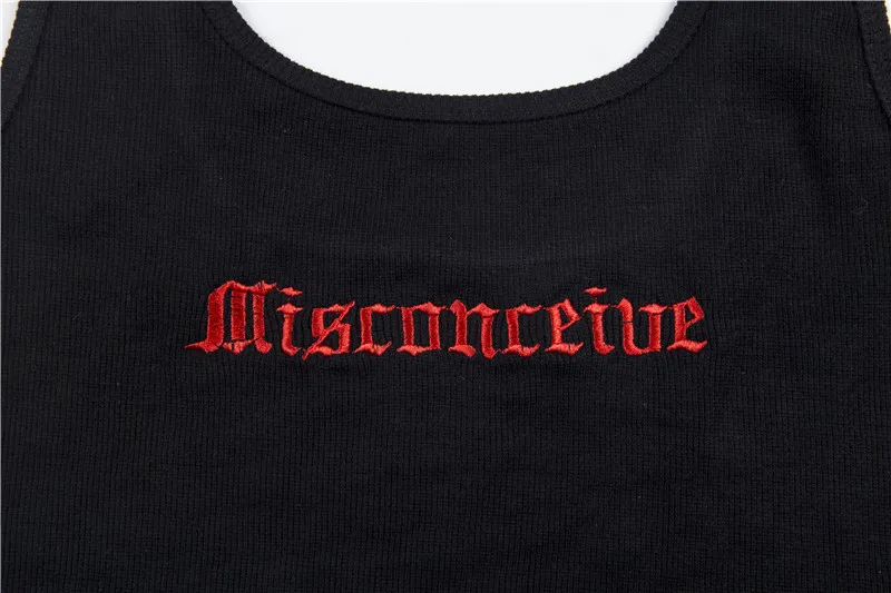 2020 Dropshipping Pin Embroidery Letter Black Crop Summer  Sexy Tops for Women Clubwear Gothic Punk Ripped Tank Tops