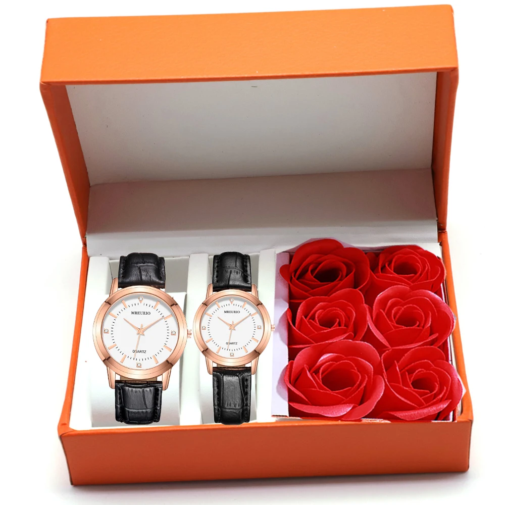 

Luxury Couple watch set Love Women and Men Unisex Ladies Leather watch band Quartz Couple Watches and box rose
