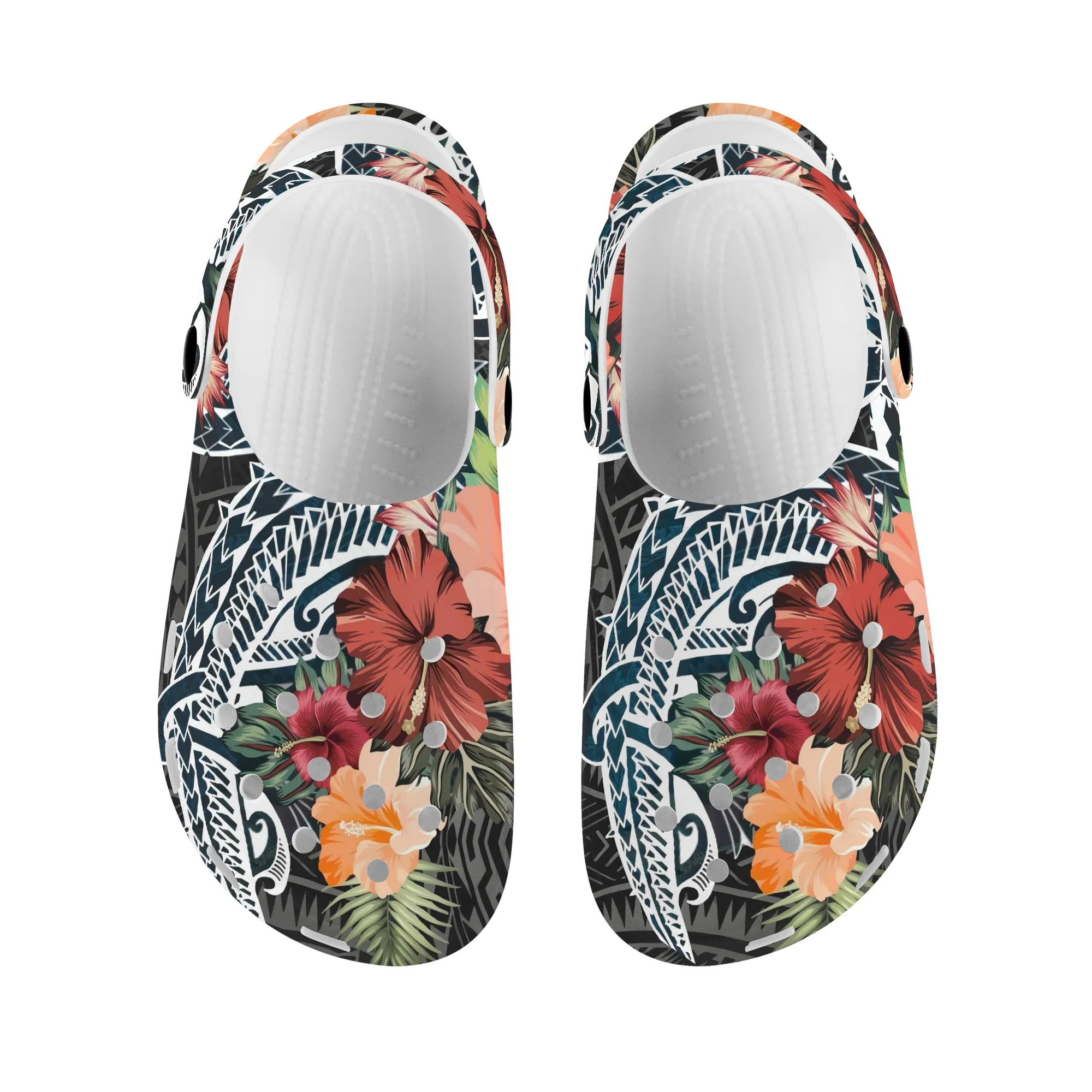 

Polynesian Hawaii Elegant plumeria Pattern women Garden Clogs Shoes OEM Custom Design girls Non-slip Sandals Slippers Croc Crock, Customized color