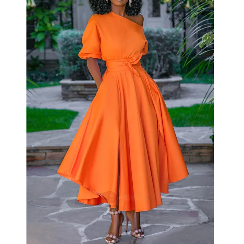 

Orange Pleated Bare Shoulder Waist Belt Long A Line Lady Casual Dress