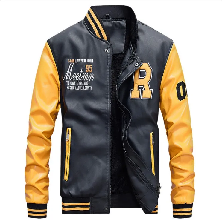 

2020 fashion man's baseball uniform wholesale spring autumn casual coat embroidery Slim Fit leather jacket, Yellow,black,wine,royal blue,jasper