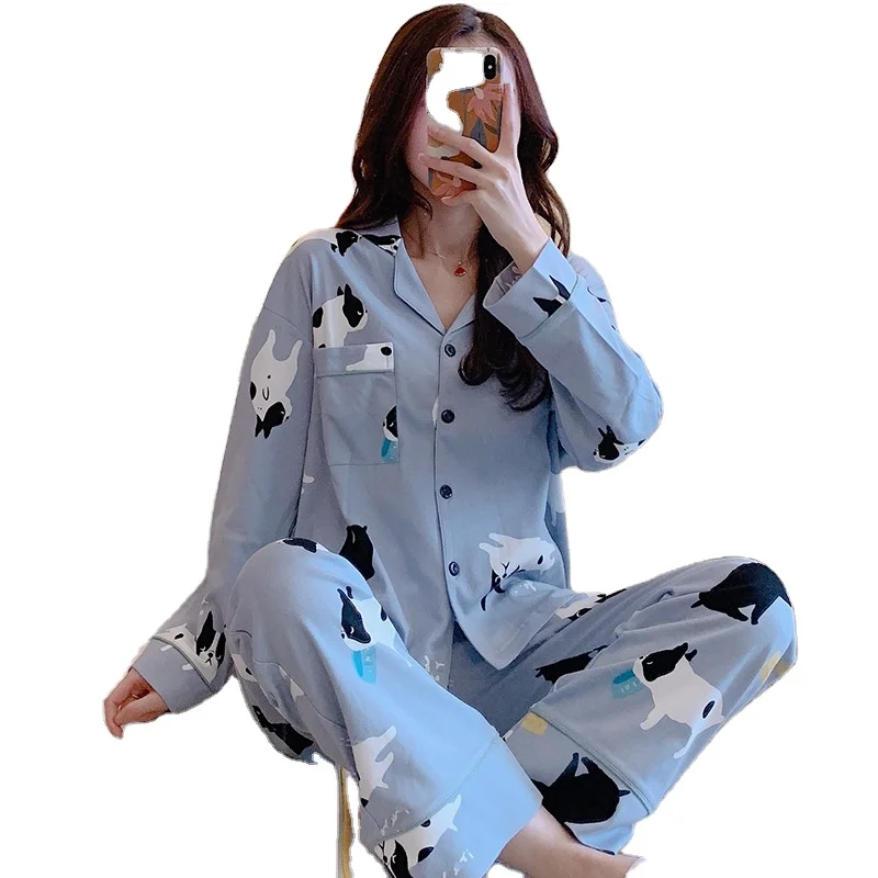 

Spring and Autumn Pajamas Women's Long-Sleeved Trousers Loose Plus-sized Korean-Style Cartoon Cardigan Lapel Leisure Tops Pajama