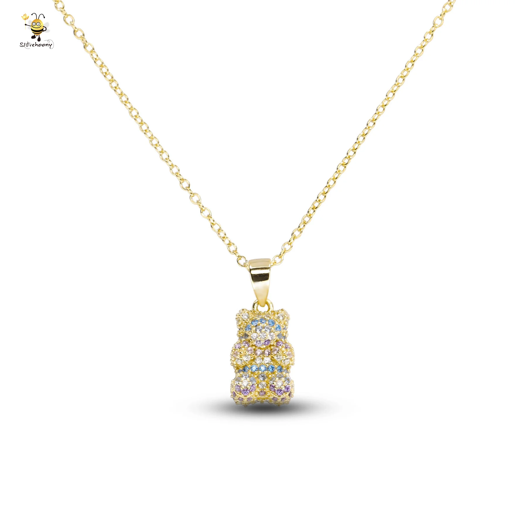 

925 Sterling Silver 18k Gold Plated Crystal Zircon Pave Rainbow Teddy Bear Pendant Charm Necklaces With Link Chain