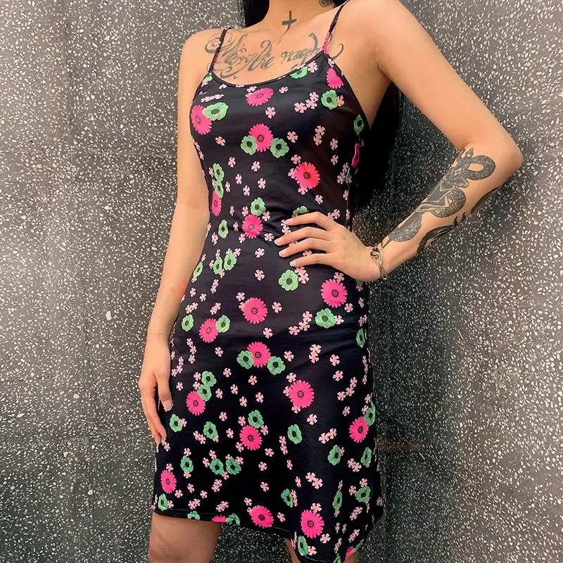 

Hot Sale Women Casual Slip Dress Fashion Short Dress Sexy Black Floral Dress