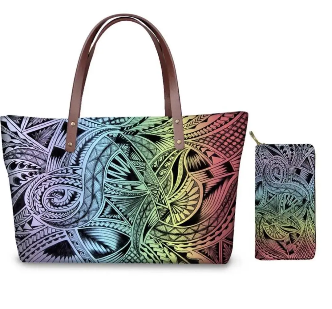 

Dropshipping Traditional Tribal Polynesian Print Satchel Set Purses and Handbags for Women Shoulder Tote Bags Wallets