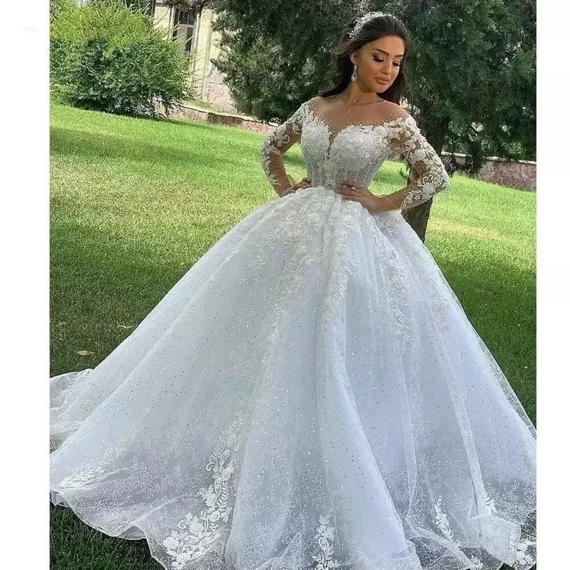 

2022 New Arrivals Luxury Elegant Off Shoulder Long Sleeve Customized Beaded Lace Fabric Bridal Wedding Dress Bridal Gown