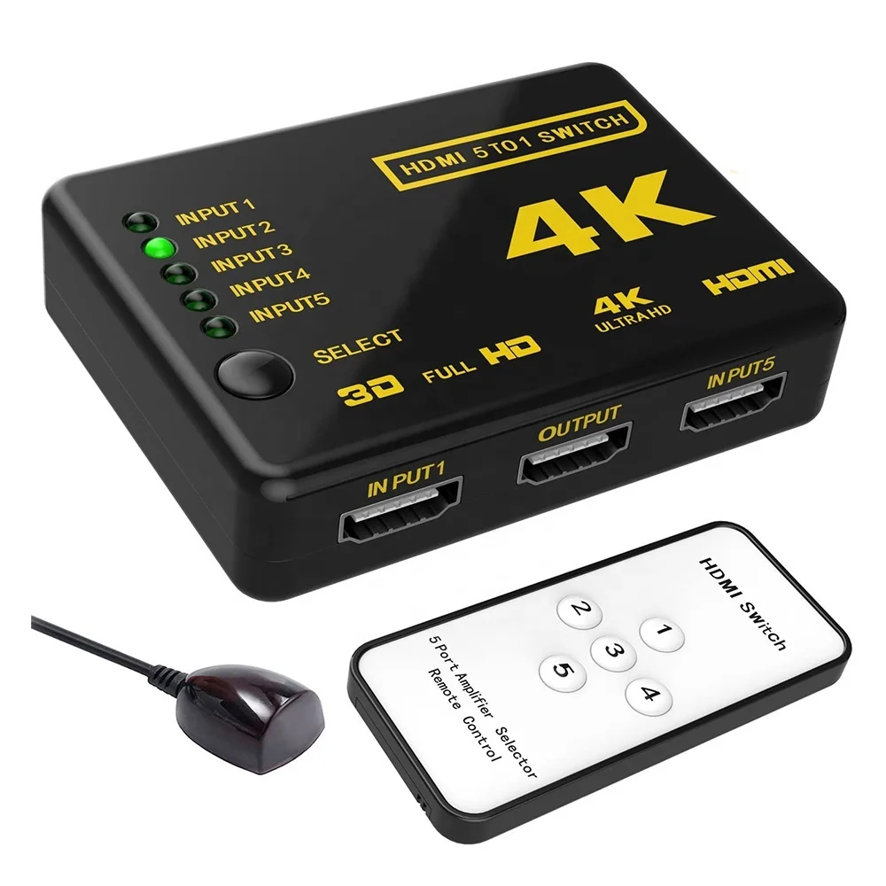 

OZQ3 4K 5x1 HDMI Switch Splitter 5 in 1 out RGB Supports 4k@60HZ 3D HD1080P with IR Remote for PS4 Xbox Apple TV Fire Stick, Black