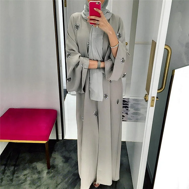 

New Middle East Ramadan Arab Islamic Handmade Mesh Cardigan Kimono Long Robes Diamonds Muslim Abaya For Women, Gray