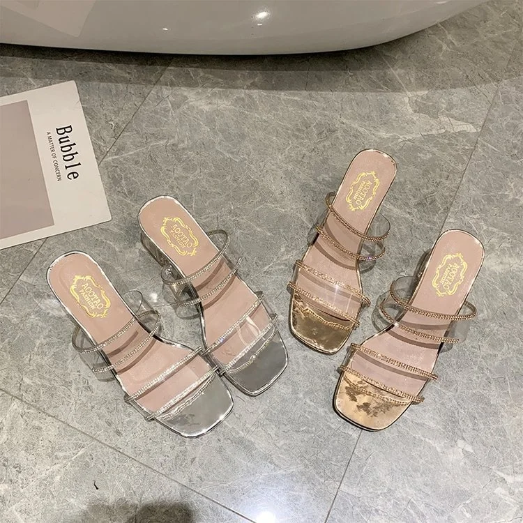 

Summer clear heels women Thick Heel Rhinestone Wild Fashion Mid-heel Sandals