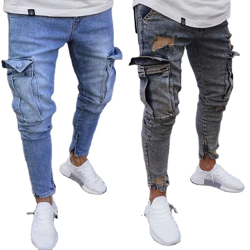 

CustomMen Jeans Vintage Blue Denim joggers Men Cargo Pockets Tape Jeans for Men