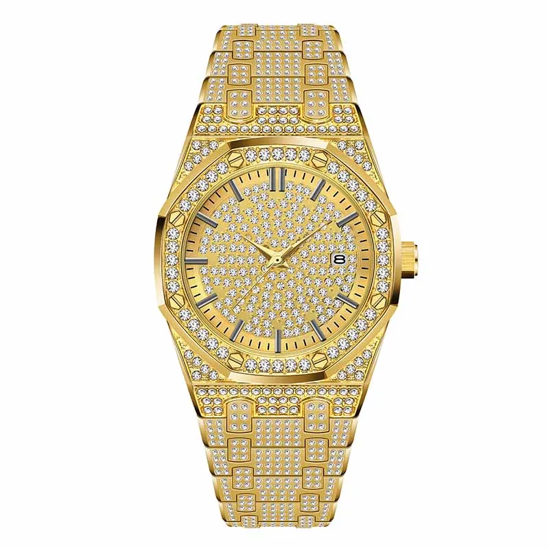 

Hot Selling 18 K Gold Iced Out Male Quartz Watch with Calendar Unique Gift for Men