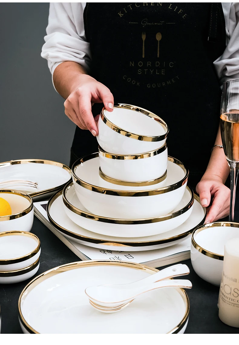 Hot Selling White Glossy Gold Trim Dinnerware Dish Set And Porcelain
