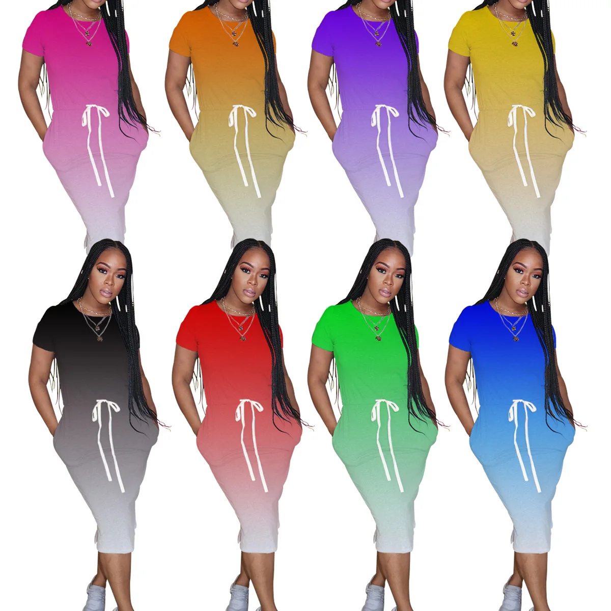 

D0326 2021 Dropship western women round neck drawstring casual wear T shirt dress