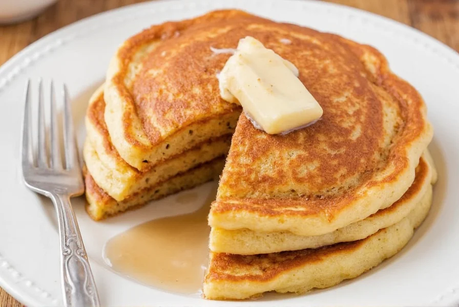 Stack of golden brown cinnamon roll pancakes with cream cheese glaze dripping down the sides, close-up photography showing the cinnamon swirl pattern inside cut pancake