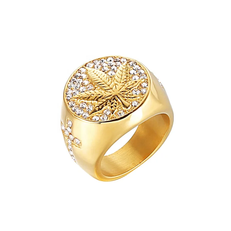 

Hip Hop Popular Full CZ Gold Hemp Leaf Stainless Steel Ring for Boys, According to your requirements