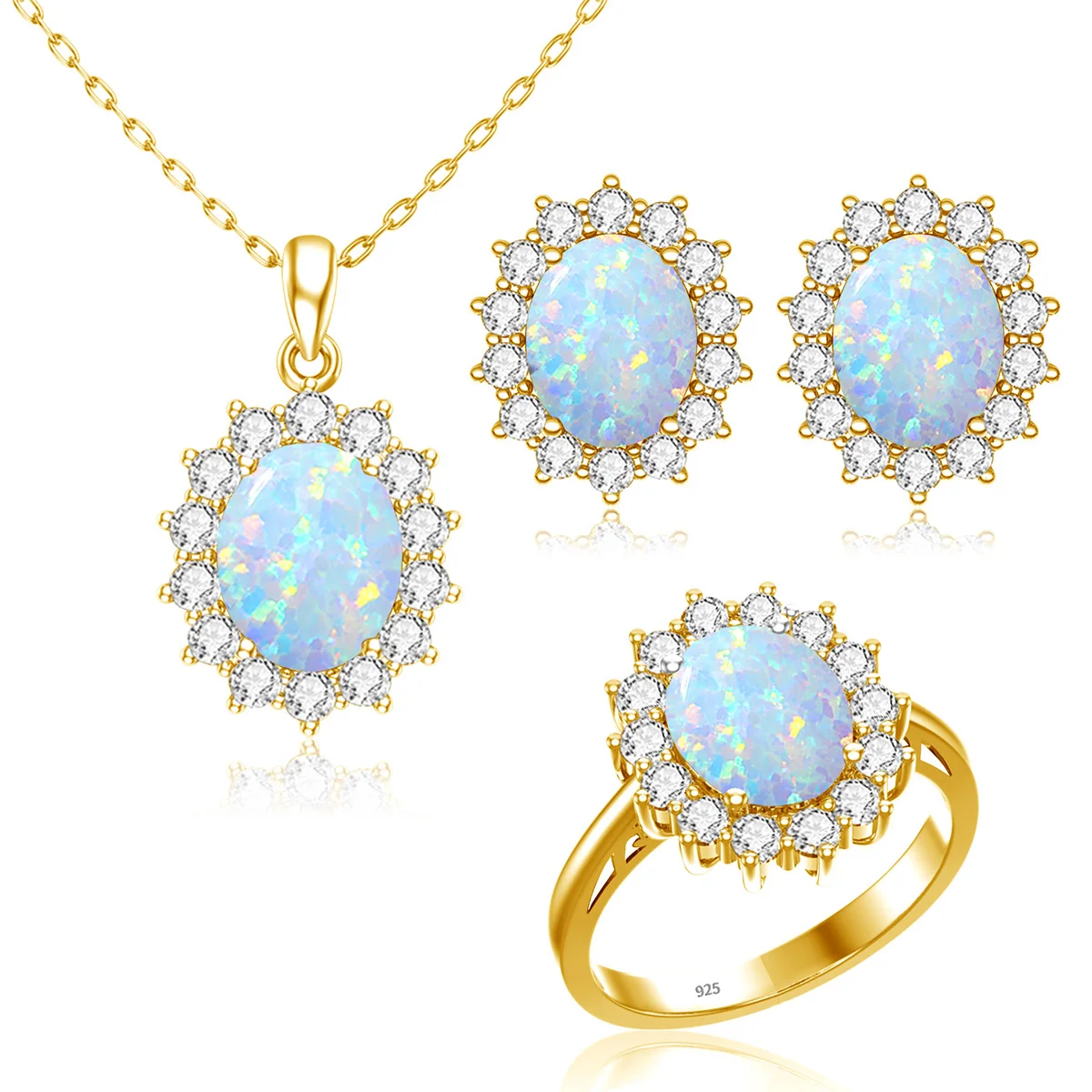 

24K Gold Plated Opal Jewelry Sets Classic Princess Diana Style Ring Stud Necklace Wedding Silver Dropshipping Jewelry Set