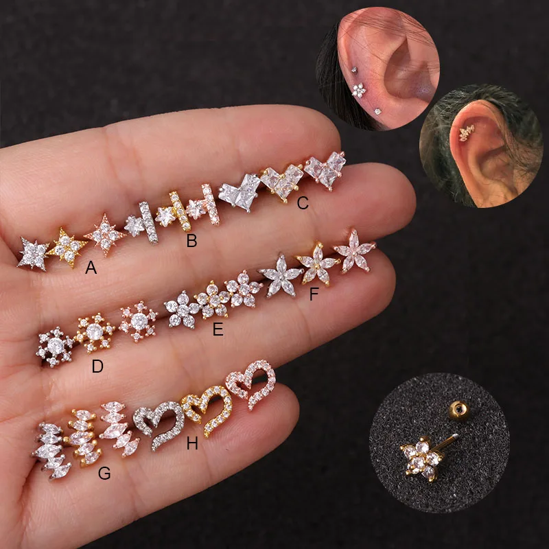 

20g Stainless Steel Helix Piercing Jewelry Cz Flower Crown Heart Star Moon Ear Cartilage Tragus Rook Conch Stud Earring, Silver,yellow gold, rose gold