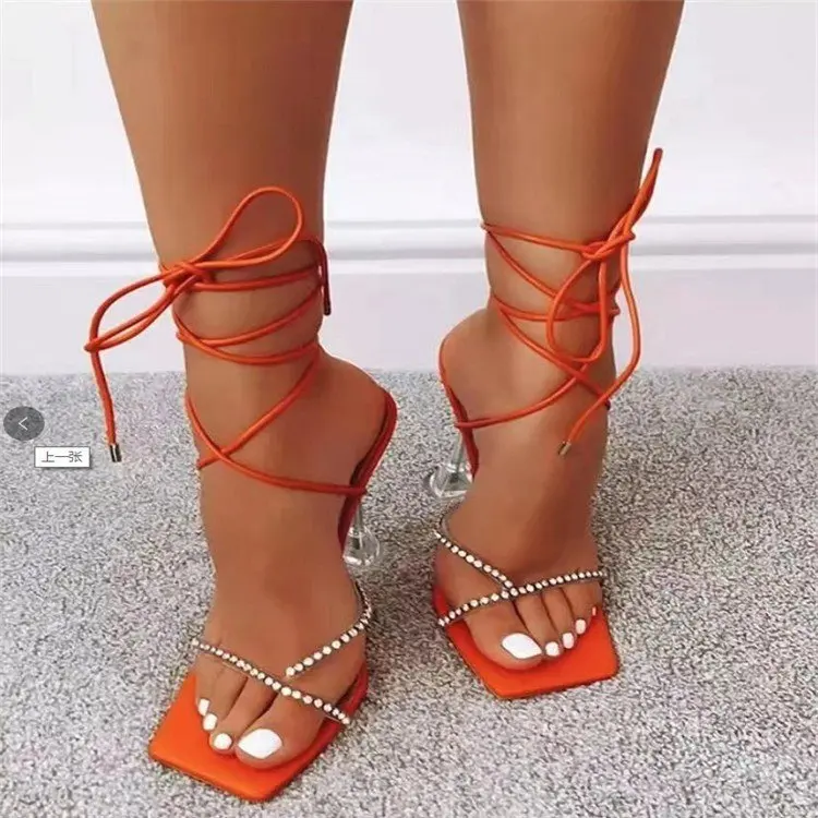 

Summer Women Ankle Strap Lace-up Heels Square Toe Thin High Heel Sandals 2021 Sexy Heels For Party Wedding Lady Shoes Special