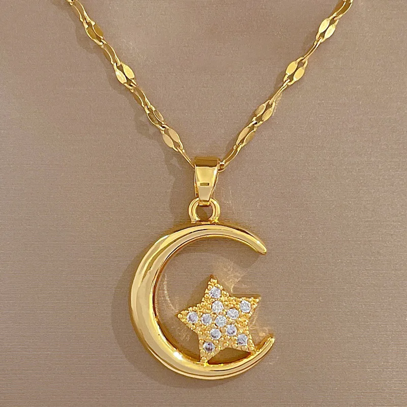 

Wholesale Hot Sale Gold Plated Stainless Steel Inlaid Diamond Star Moon Pendant Necklace Jewelry For Women