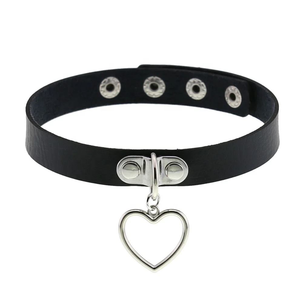 

New Gothic Punk Peach Heart Pendant Leather Collar Choker Necklace, 16 colors