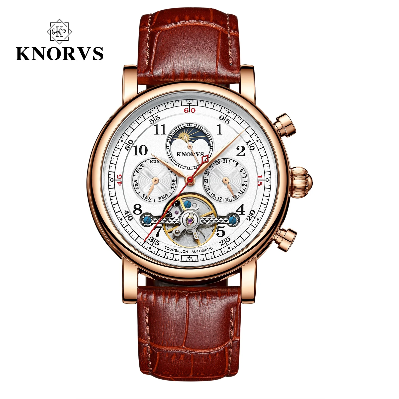 

KNORVS Top brand new arrival Genuine Leather skeleton luxury automatic movement mechanical watch wrist watches