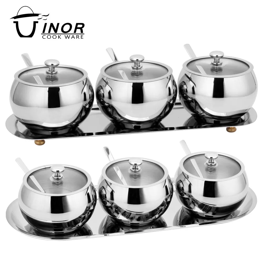 

3 Pcs Set Seasoning Containers Sugar Bowl with Lid Stainless Steel Sugar & Creamer Pots Tempered Glass Lid Kitchenware OEM