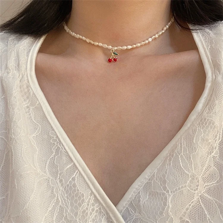 

French dainty brass 14K real gold plated natural pearl cute cherry choker necklace for women jewelry, As the pic show