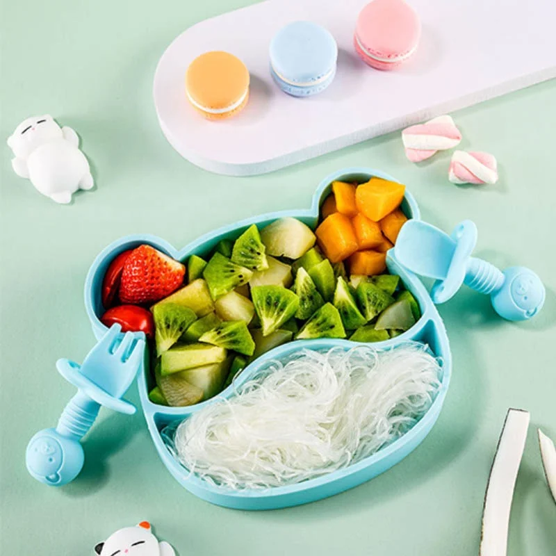 

Animal Plate Spoon Fork Set Baby 4 Pack Suction Baby Tableware Feeding Silicone Set