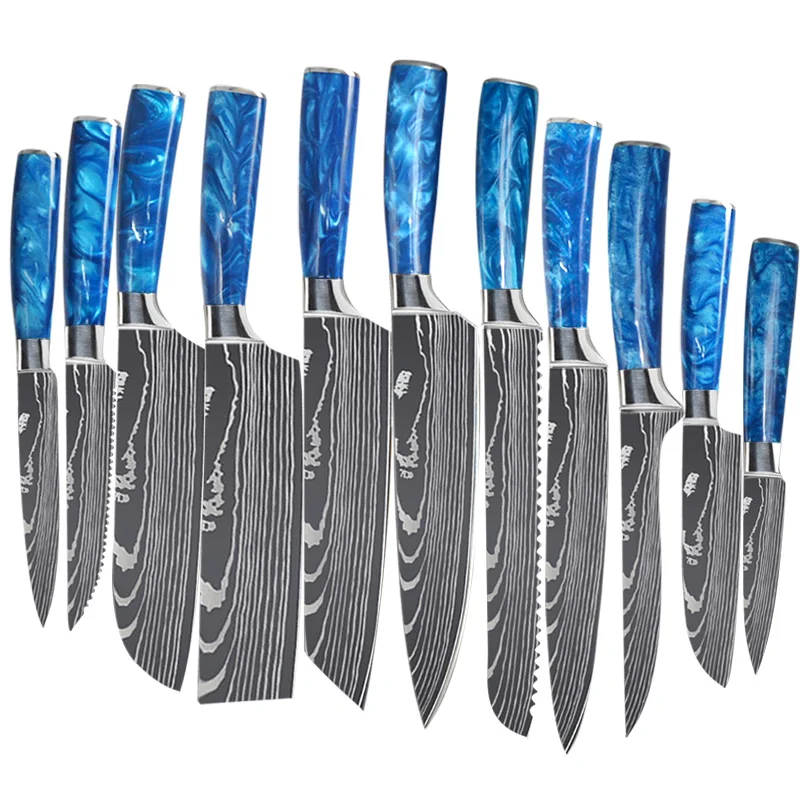 

YangJiang Kitchen Chef Knives Set 11PCS Stainless Steel 4CR14 Damascus Laser Pattern With Blue Resin Handle