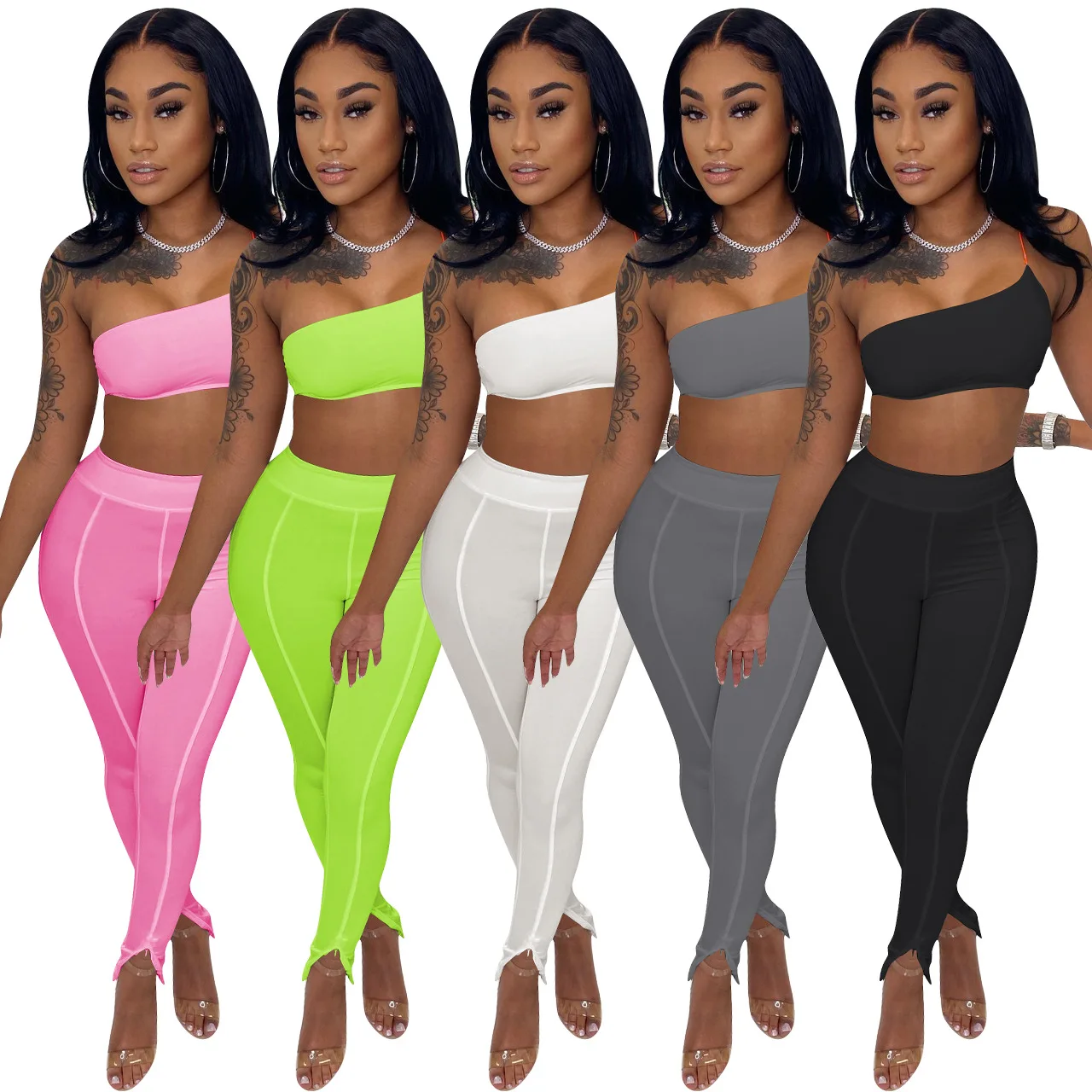 

New Fashion Solid Color 2 Piece Set Women Chest Wrap Sport Two Piece Set Women Clothing Casual Crop Top Two Piece Pants Set