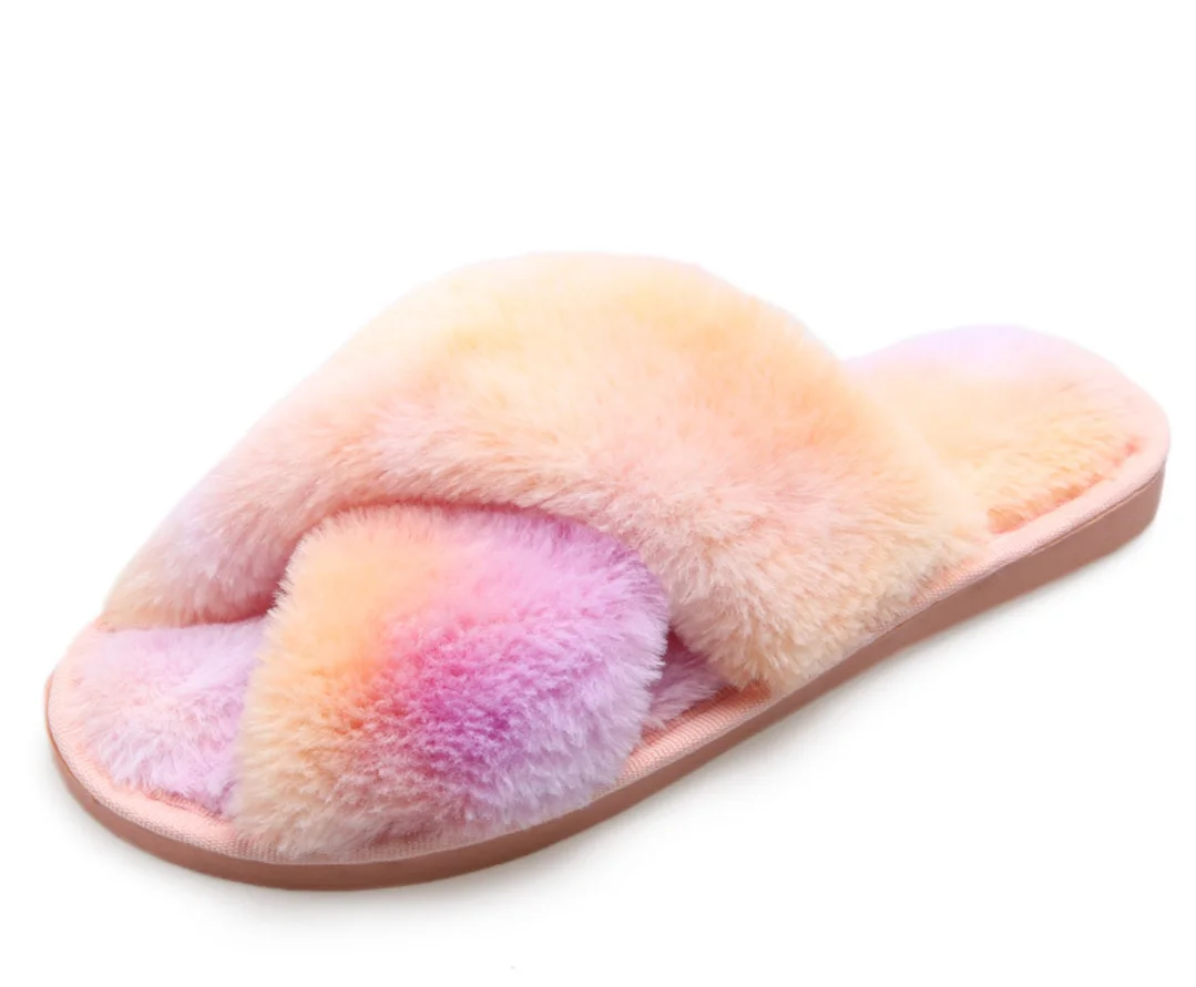

Lady new fashion design rainbow faux fur indoor slides autumn fur shoes platform fur slippers, White,pink,purple