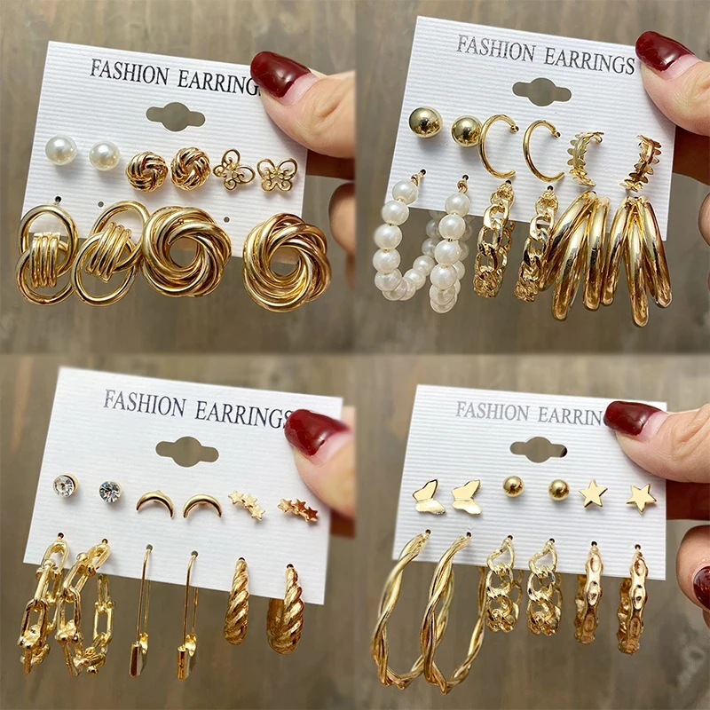 

17KM Fashion Acrylic Pearl Crystal Gold Hoop Drop Earrings Set Butterfly Heart Flower Stud Earring for women 2021 jewelry