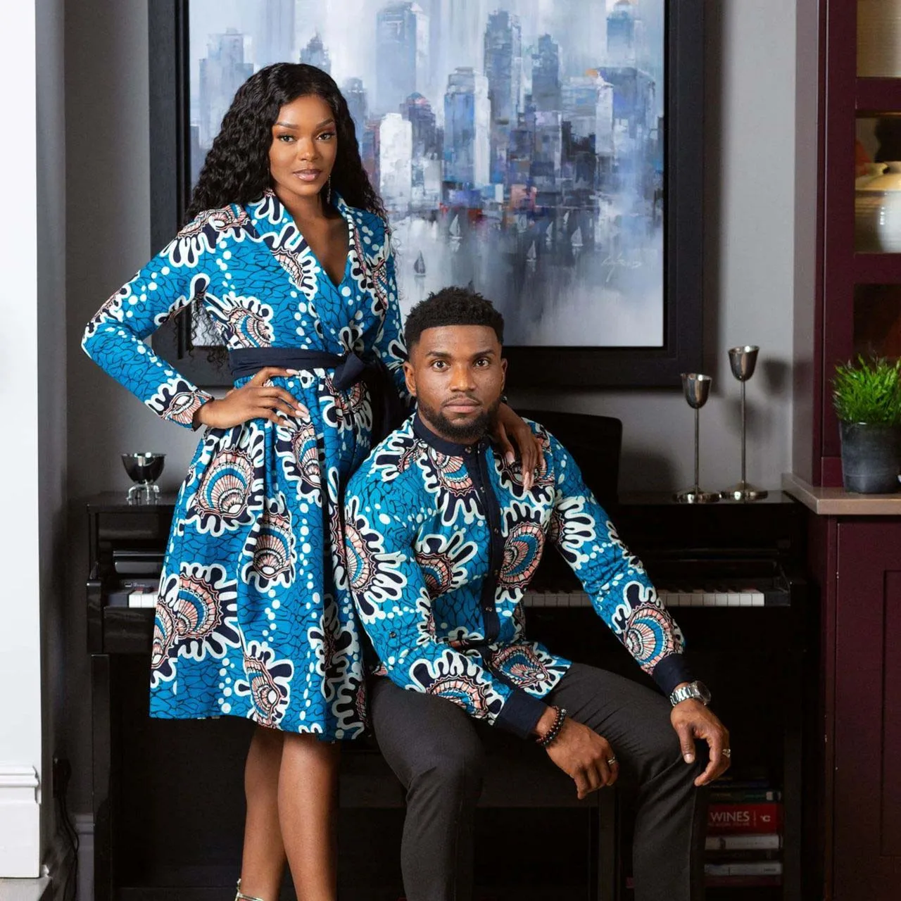 

Hot Selling New Digital Print Women's V-Neck Long Sleeve Dress Casual African Style Skirt