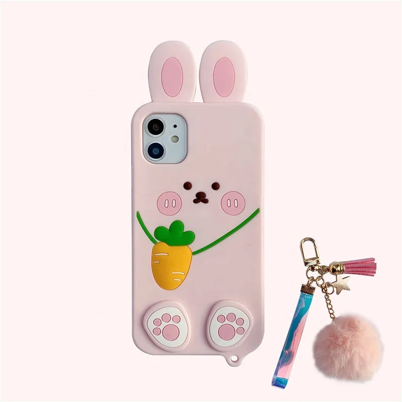 

kawaii cute rabbit carrot phone case for huawei for vivo for xiaomi for honor soft high protect phone cover with furryball strap