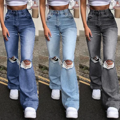 

Hot Selling Simple High-Wais Hole Wide Leg Long Pants Women Sexy Bell-Bottom Denim Pant Hollow Out Zippers Jeans