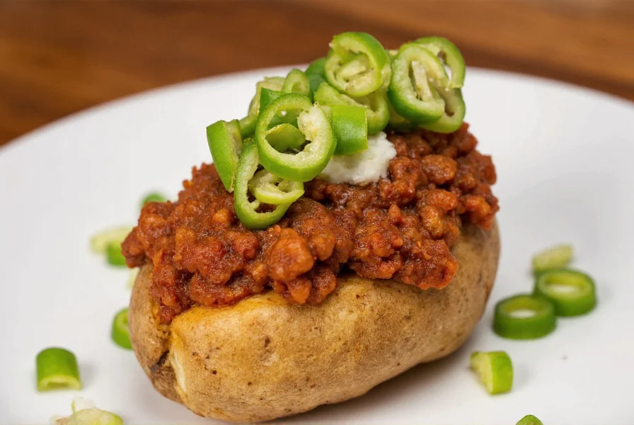 Perfectly baked jacket potato with steaming chili topping and fresh garnishes