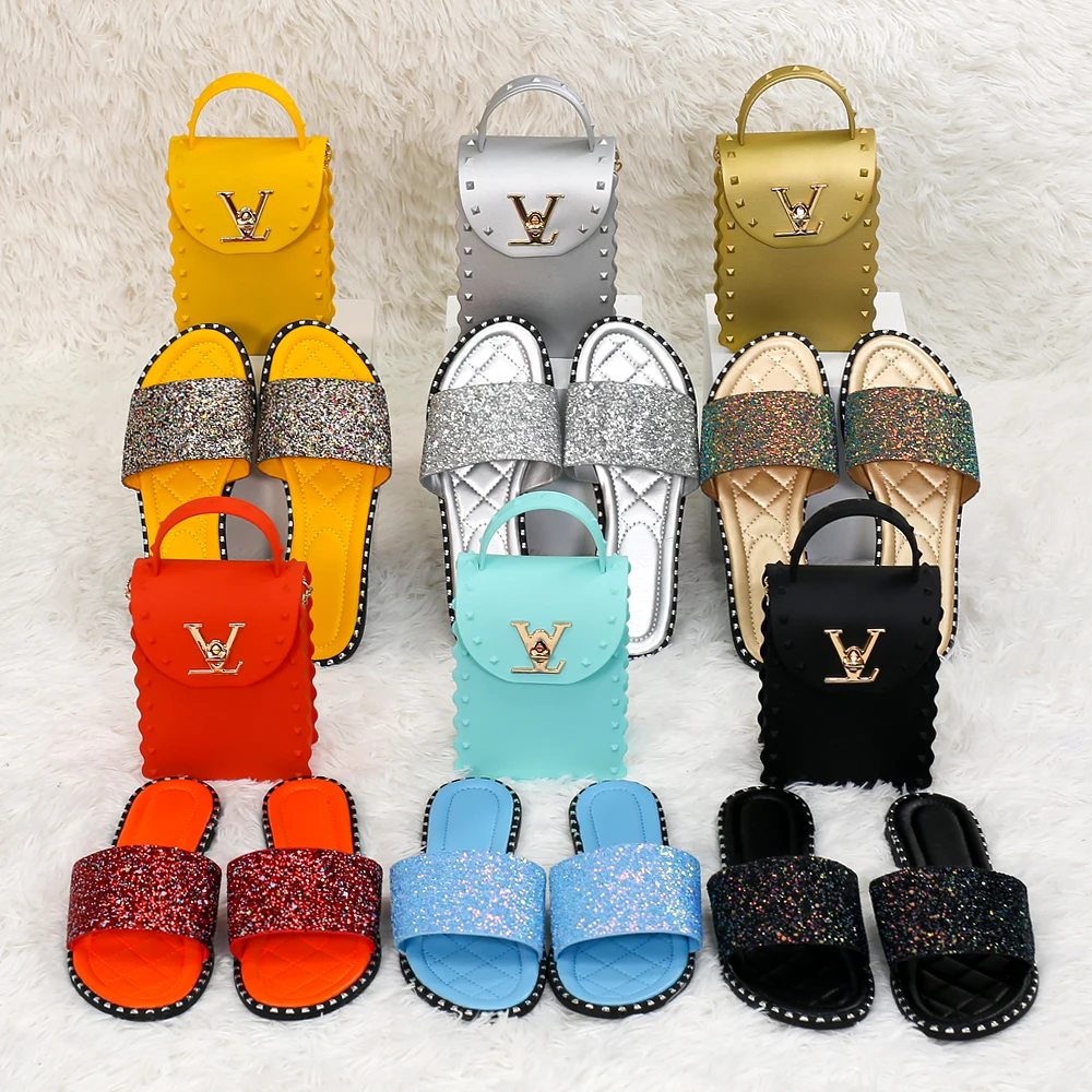 

2021 New Trends Candy Color PVC Jelly Bags And Slippers Set Designer Handbags For Women Hand Bags Ladies Purses