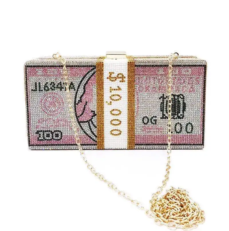 

Money Clutch Rhinestone Purse 10000 Dollars Stack of Cash Evening Handbags Shoulder Wedding Dinner Bag 8 Color