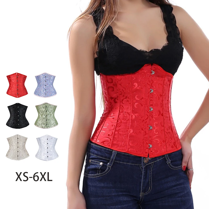

Fashion Satin Plus Size XS Underbust Red Green Corset Bustiers To Wear Out Korse Vintage Print Floral Corset Top Women, White,red,purple, black, apricot