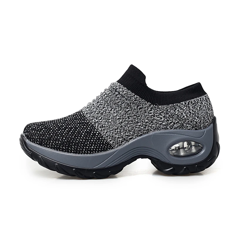 
2020 Low price wholesale pu air cushion black color ladies Thick bottom slip on shake shoes womens platform sneakers 