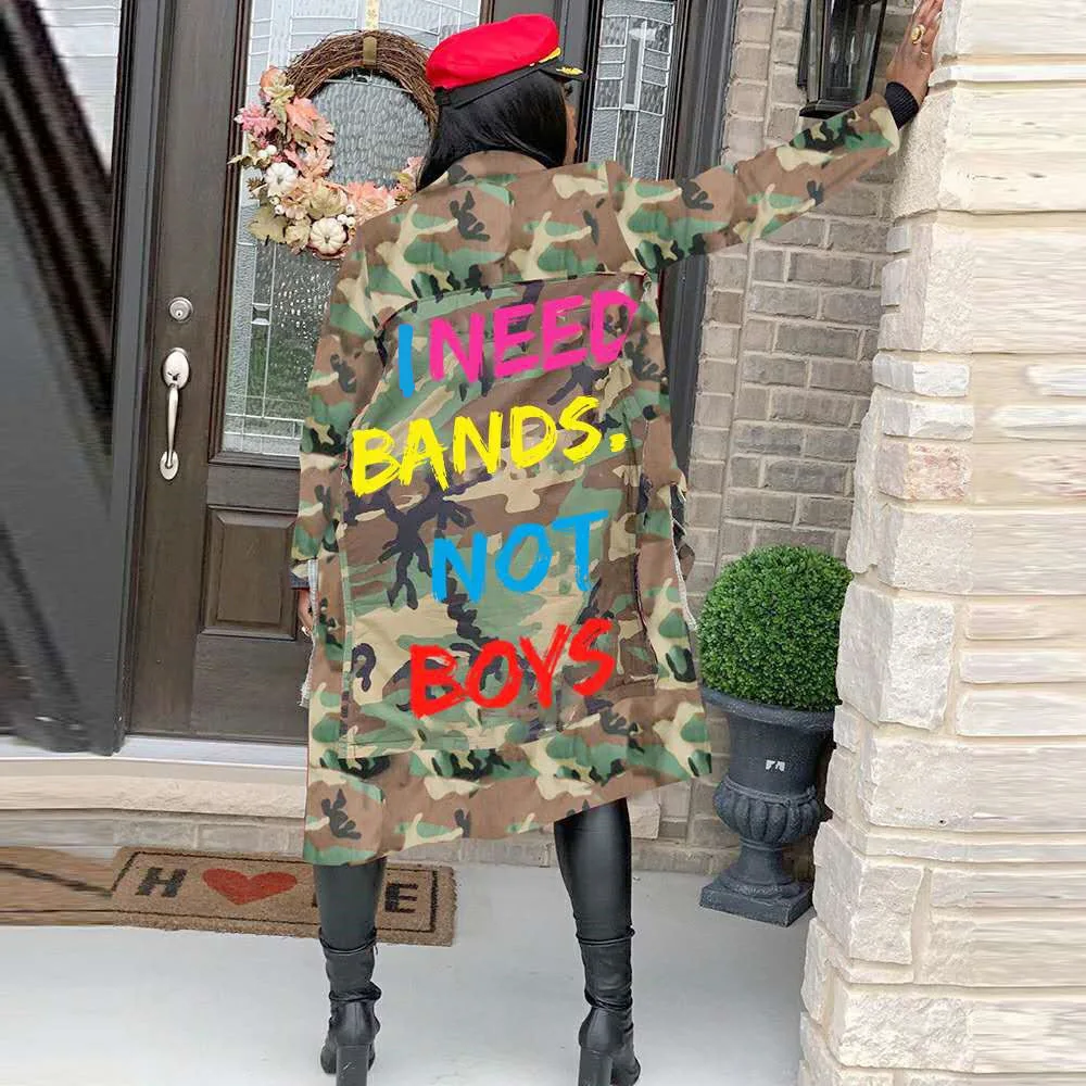 

Long Fashion Casual Camouflage Printed Patch Women Jackets And Coats 2021 Women Windbreaker Jacket