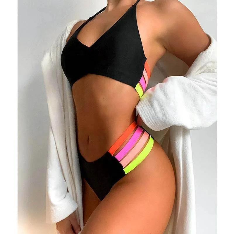 

FFG76630 Bathing Suits Set In 2021 Two Piece Bikini Cadena High Cut Thong Swimsuit Color Block Swimwear Women, Accept custom color